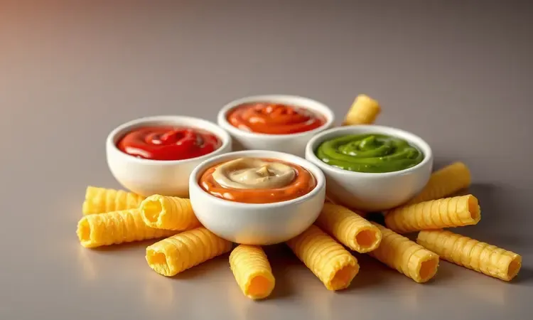 Tigelas coloridas com molhos diversos acompanhando palitos de polenta frita dourados em um cenário vibrante.