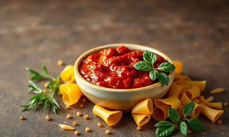 Tigela de cerâmica com molho de tomate vibrante e folhas de manjericão fresco como acompanhamento.