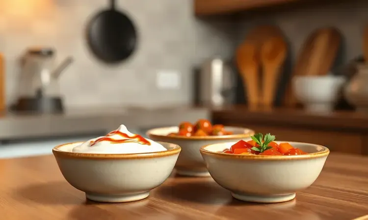 Tigelas pequenas com molhos coloridos de iogurte e tomate para acompanhar petiscos de berinjela.