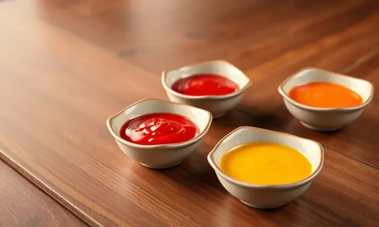 Pequenas tigelas coloridas com molhos variados dispostas para acompanhar nuggets crocantes.