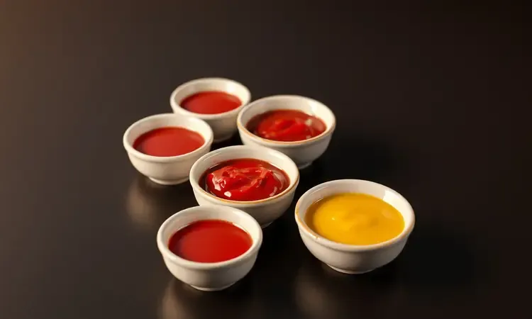 Tigelas pequenas com diferentes molhos coloridos para acompanhar petiscos de frango.