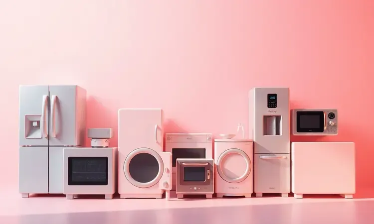Modelos conceituais de eletrodomésticos de cozinha de diferentes tamanhos em estilo 3D vibrante.