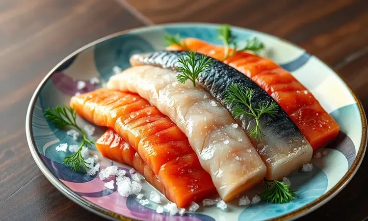 Filés de peixe frescos e coloridos organizados com sal e ervas em um prato vibrante.