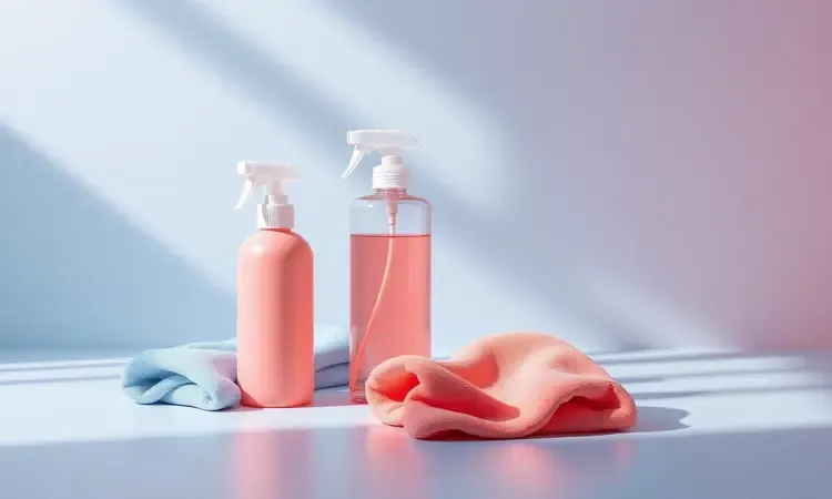 Frascos de spray e panos de microfibra em renderização 3D colorida simbolizando produtos de limpeza eficientes.