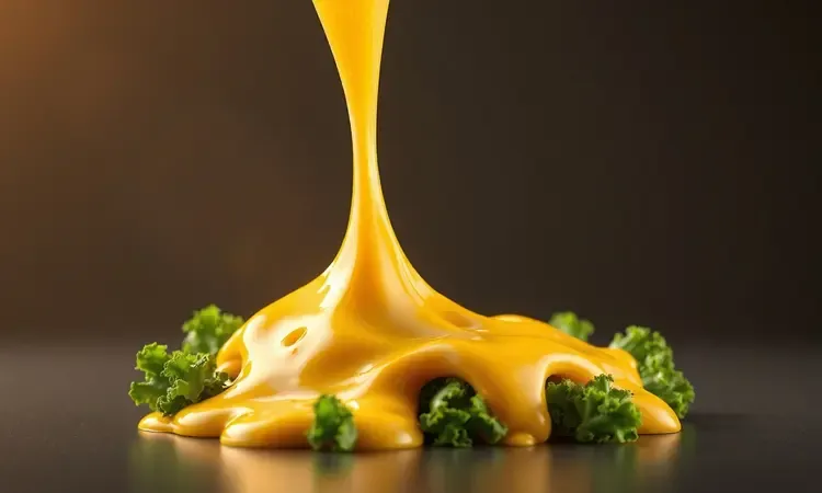 Queijo derretido dourado e elástico sobre vegetais em uma cena conceitual 3D com cores vibrantes.