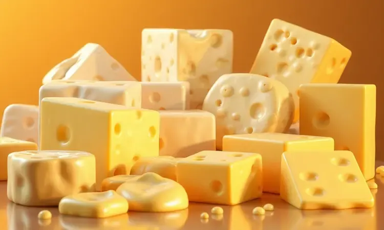 Representação conceitual em 3D de diferentes tipos de queijos cremosos e derretidos em uma composição artística vibrante.