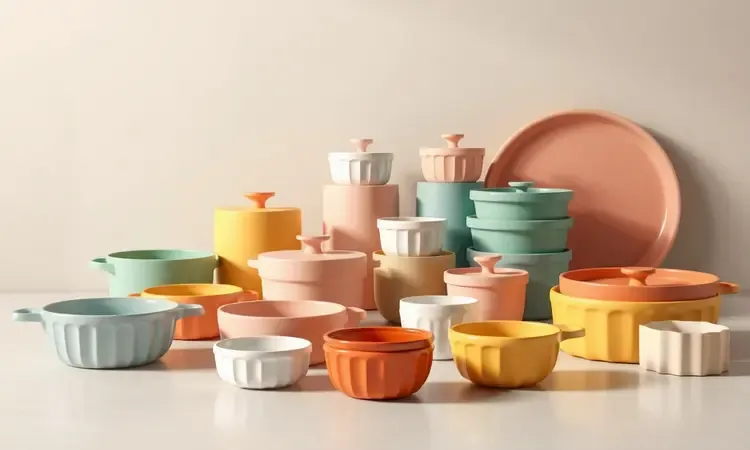 Conjunto de recipientes coloridos de silicone e cerâmica para cozinhar ovos sem grudar.