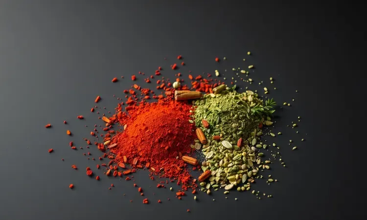 Variedade de temperos e ervas aromáticas coloridas para temperar carne moída.