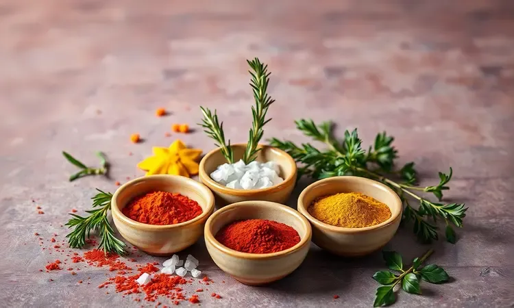 Potes pequenos com temperos coloridos e ervas frescas para batata frita.