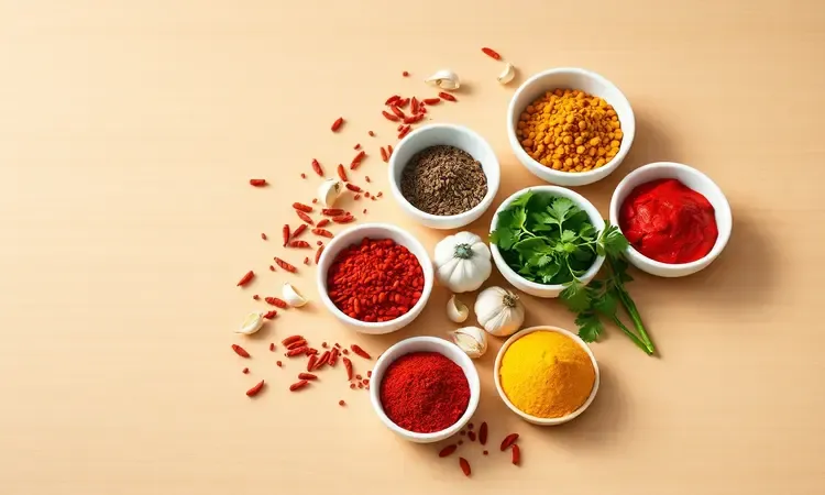 Variedade de temperos coloridos e ervas frescas como alho e alecrim para temperar frango em estilo 3D vibrante.