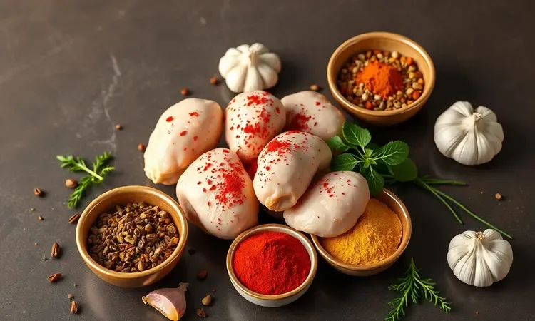 Diversos temperos coloridos e ervas frescas organizados de forma artística para temperar frango.