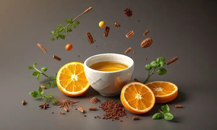 Ervas frescas e ingredientes para marinada de peru em um estilo artístico 3D.