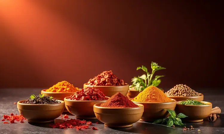 Representação 3D artística de diversos temperos coloridos e ervas frescas em bowls de cerâmica para realçar o sabor.