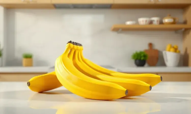 Diferentes tipos de bananas maduras e frescas dispostas de forma artística em uma cozinha moderna.