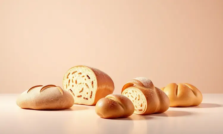Representação estilizada em 3D de diversos tipos de pães, como pão de forma e baguete, prontos para serem torrados.