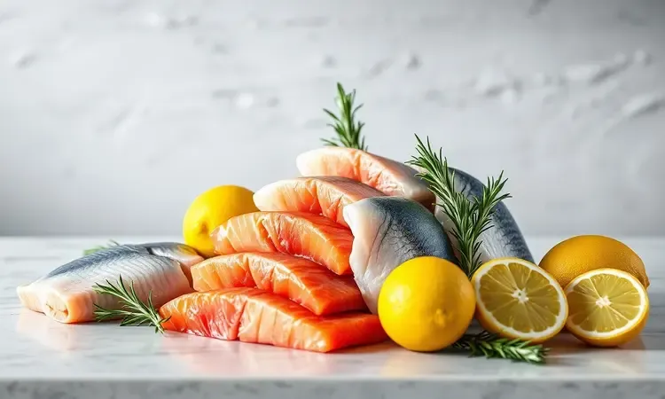 Diversos tipos de filés de peixe frescos, como tilápia e salmão, dispostos com fatias de limão e ervas em um cenário minimalista.
