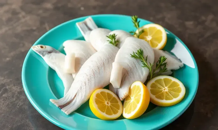 Variedade de filés de peixe brancos e frescos dispostos em uma travessa com fatias de limão siciliano e ervas.
