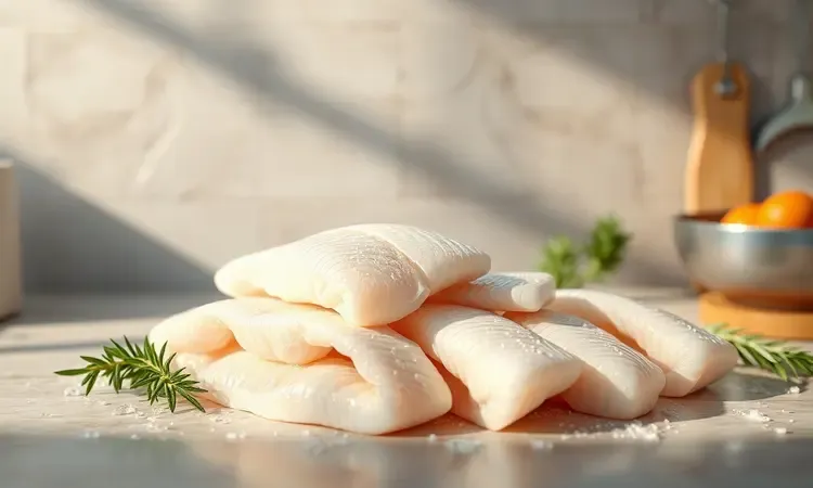 Ilustração conceitual 3D de filés de peixe frescos e texturas marinhas em um ambiente de cozinha moderno e estilizado.