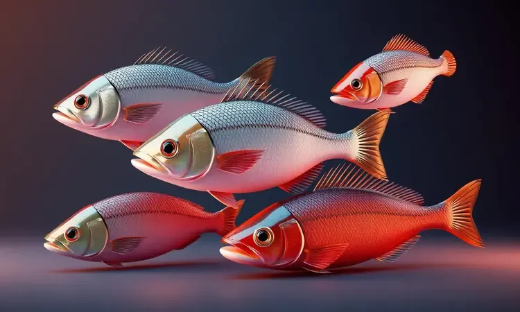 Ilustração 3D conceitual de diferentes tipos de peixes frescos e coloridos em uma superfície limpa.