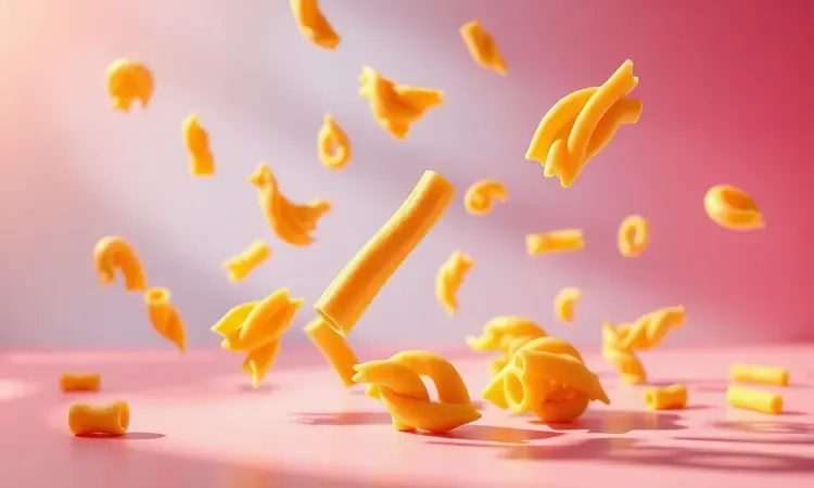 Diversos tipos de massas secas como penne e fusilli flutuando em uma composição geométrica colorida.