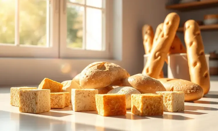 Cubos de diferentes tipos de pães rústicos preparados para serem transformados em croutons crocantes.