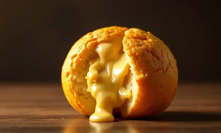 Close-up 3D de uma bolinha de queijo aberta revelando um recheio elástico e derretido com iluminação quente.