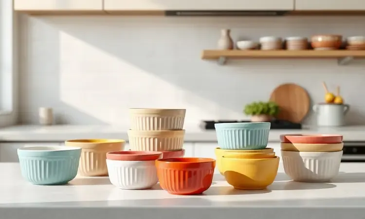 Diversos recipientes coloridos de cerâmica e vidro ideais para usar na airfryer em estilo 3D conceitual.
