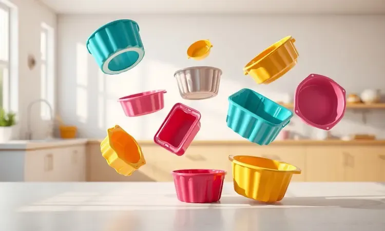 Diferentes tipos de formas de bolo e moldes de silicone coloridos organizados em uma cozinha moderna.