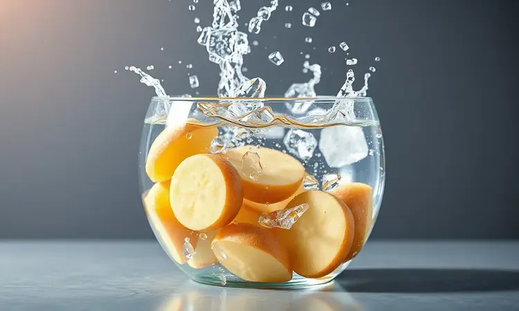 Cena refrescante 3D de fatias de batata caindo em uma tigela de água cristalina com cubos de gelo.
