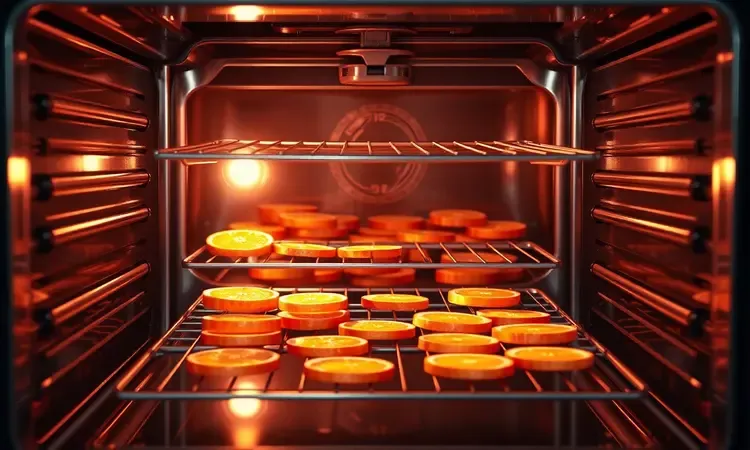 Representação artística de bandejas de forno com fatias de frutas organizadas de forma simétrica para desidratação.
