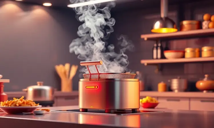Cena conceitual 3D de uma airfryer moderna emitindo calor suave e vapor estilizado.
