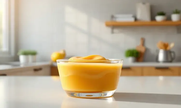 Tigela de vidro transparente com doce de leite cremoso em uma bancada de cozinha moderna e iluminada.