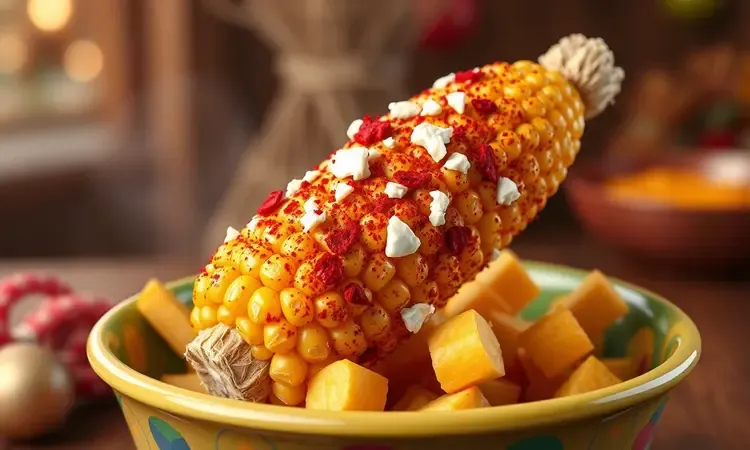Milho assado estilo elote mexicano com temperos vermelhos vibrantes e queijo esfarelado em renderização 3D.