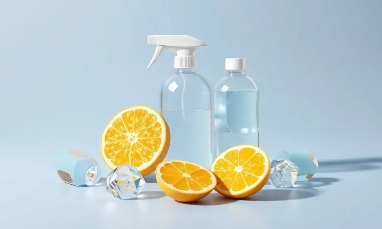 Elementos conceituais de limpeza natural como fatias de limão e cristais em um ambiente 3D colorido.