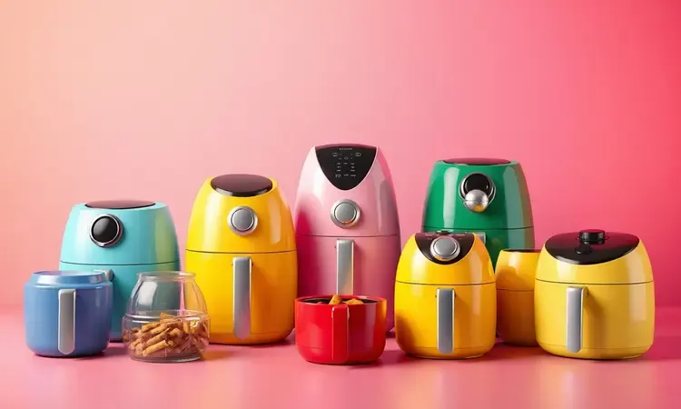 Conjunto de fritadeiras elétricas conceituais em diversas cores e tamanhos, representadas em estilo 3D vibrante.