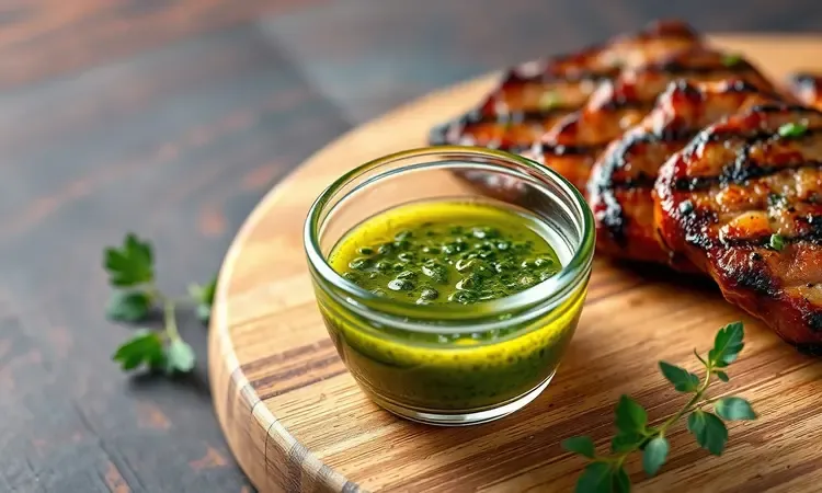 Molho chimichurri verde fresco em uma pequena tigela de vidro ao lado de linguiças grelhadas em uma tábua de madeira.