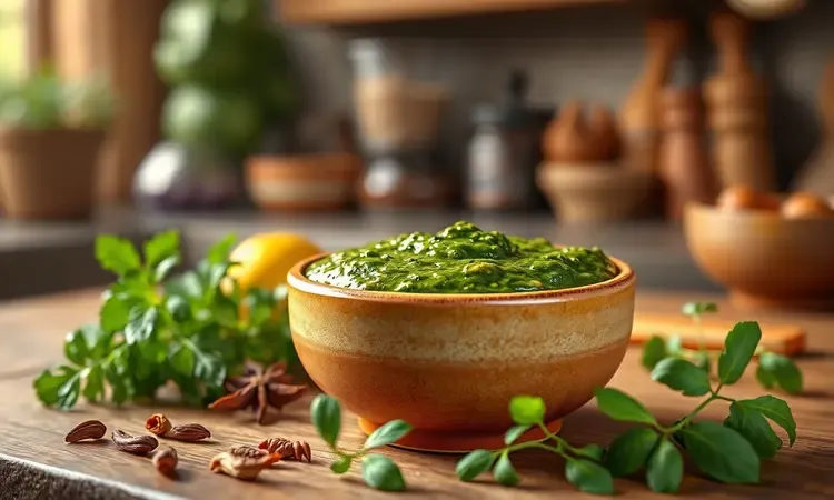 Tigela pequena com molho chimichurri verde vibrante e ervas frescas ao redor em ambiente de cozinha acolhedor.