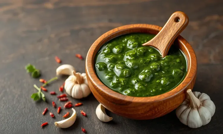 Representação 3D de um molho chimichurri verde vibrante com ervas frescas e pimenta em uma tigela de madeira.
