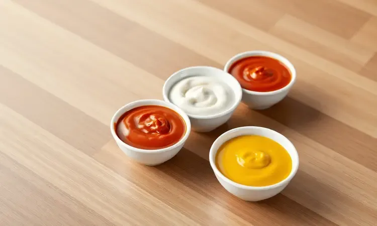 Três pequenos potes com molhos coloridos e cremosos dispostos de forma artística em renderização 3D.