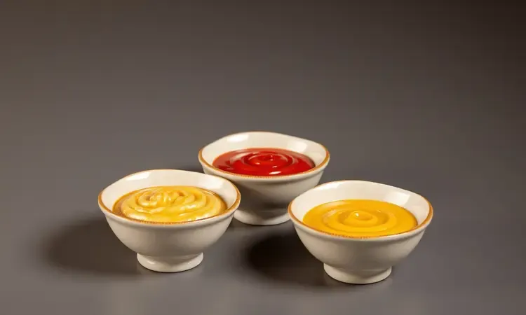 Três potes de cerâmica com molhos caseiros variados e coloridos para acompanhar frutos do mar fritos.