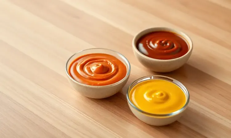 Seleção de três molhos coloridos em tigelas elegantes dispostas sobre uma superfície de madeira limpa.