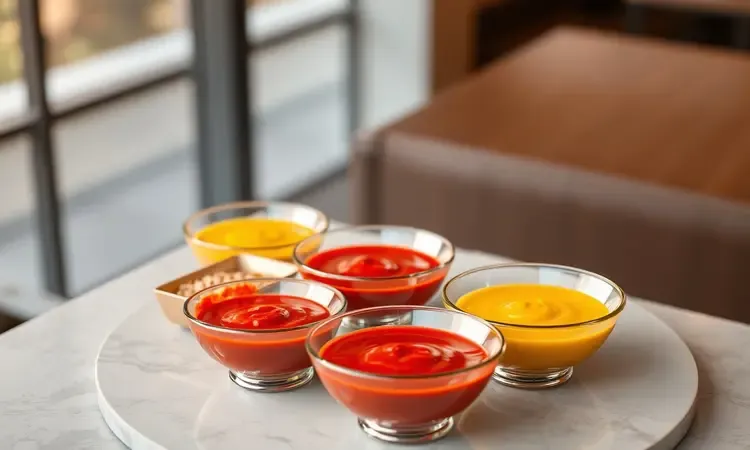 Tijelas coloridas com molhos variados para acompanhar aperitivos em render 3D.