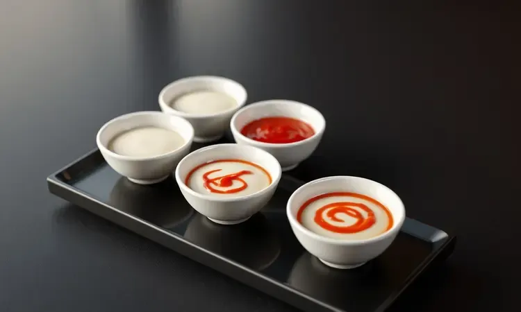 Arranjo estético de molheiras com diferentes molhos coloridos dispostas para um aperitivo de happy hour.