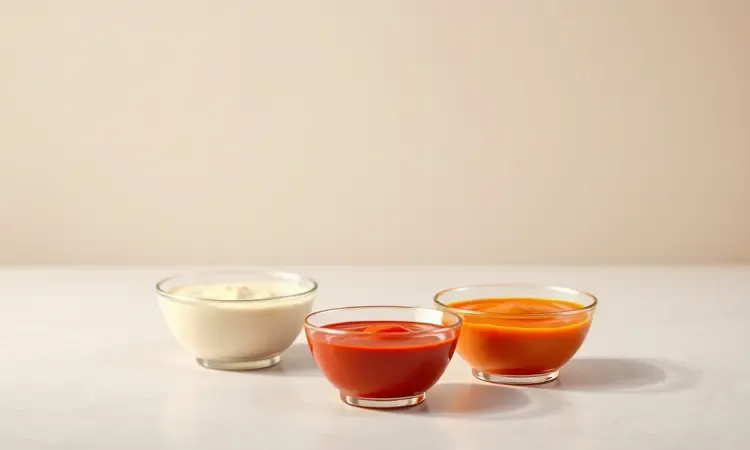 Seleção de molhos cremosos e coloridos servidos em pequenos potes estilizados em 3D.