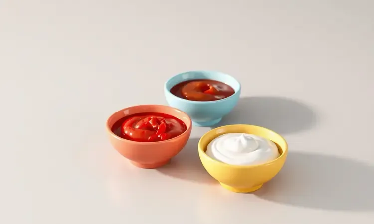 Três tigelas de cerâmica com molhos coloridos e variados dispostas de forma artística em 3D.