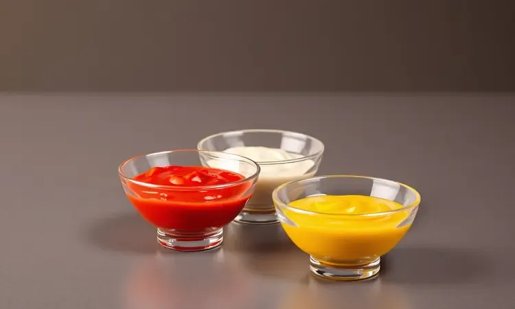 Três tigelas elegantes com molhos coloridos para acompanhamento de petiscos em ambiente iluminado.