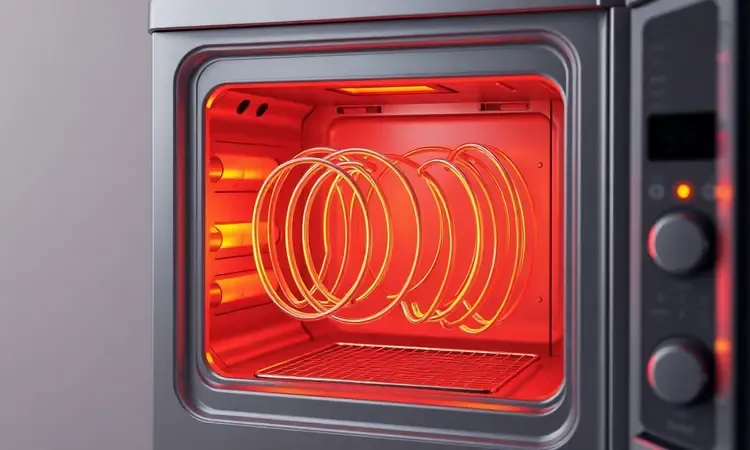 Representação conceitual 3D de elementos de aquecimento internos brilhando com luz quente dentro de um aparelho estilizado.