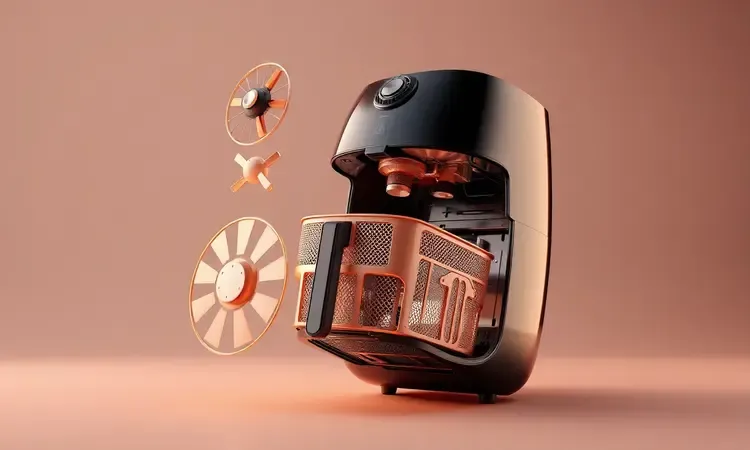 Componentes internos estilizados de uma air fryer flutuando em uma cena 3D para ilustrar manutenção e resolução de problemas.