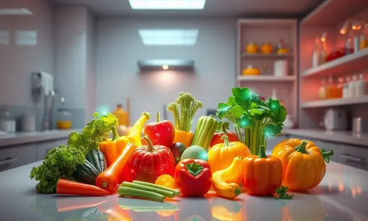 Representação conceitual 3D de vegetais vibrantes com padrões de energia simbolizando a preservação de nutrientes.