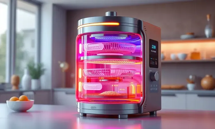 Representação conceitual em 3D de uma air fryer oven estilizada com elementos de calor e luz interna.